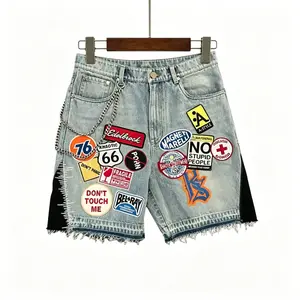 Y2K Patchwork Denim Shorts Cartoon Graphic Loose Fit Streetwear Retro Blue Jeans Shorts Men's Women's Hip Hop Casual Shorts