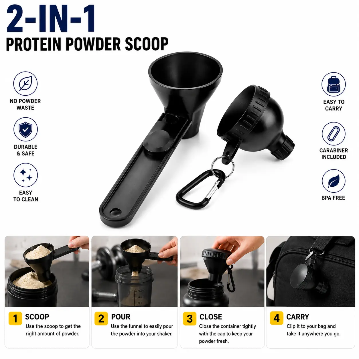 Buy 1 Get 1 Free | Protein Powder Funnel-Mini with Sliding Scoop and Container — High-Quality Funnel for Pre-Workout Creatine Powder, Coffee/Milk/Smoothie/Chocolate Powder, BPA-Free Plastic Kitchen Utensil, Perfect Gift for Valentine’s Day, Father’s Day