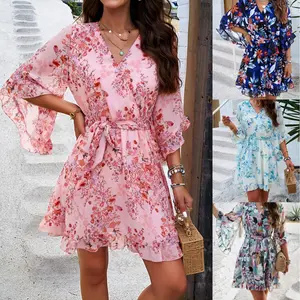 Women's Floral Print Spring Dress, Breathable Fabric with Defined Waist and Short Sleeve, Perfect for Casual Elegance