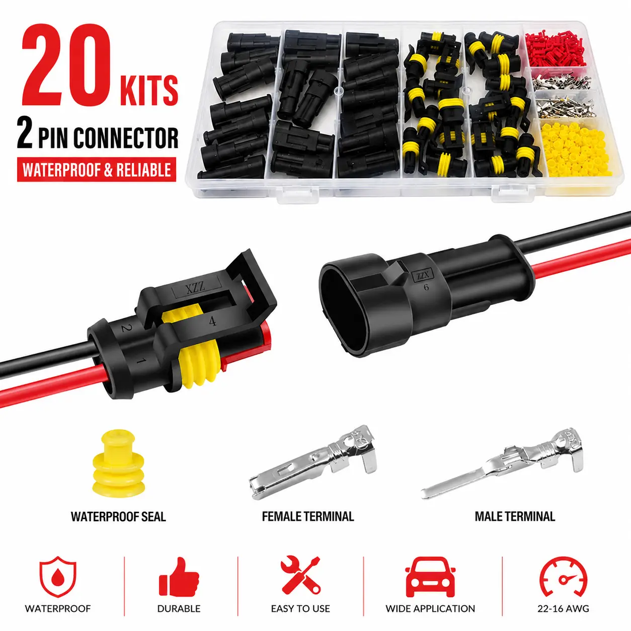 20 Kits 2 Pin Connector Automotive Electrical Connectors 2 Wire Connectors Waterproof Connector Quick Disconnect and Connect 22-16 AWG