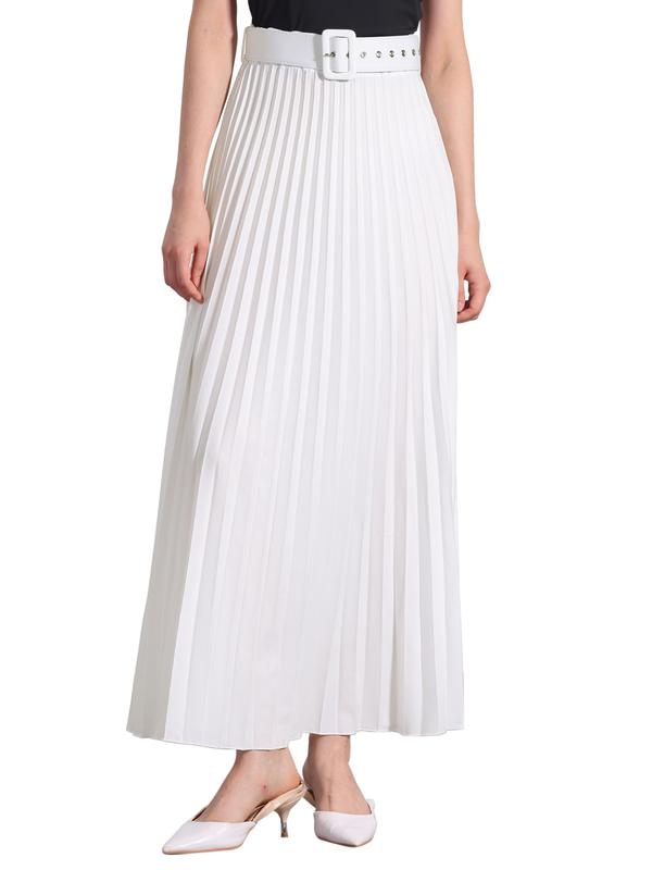 INSPIRE CHIC Flowy Pleated Elastic High Waist with Belt Swing A-line Chic Maxi Skirt White