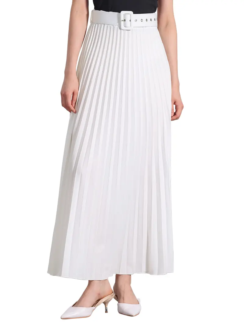 INSPIRE CHIC Flowy Pleated Elastic High Waist with Belt Swing A-line Chic Maxi Skirt White