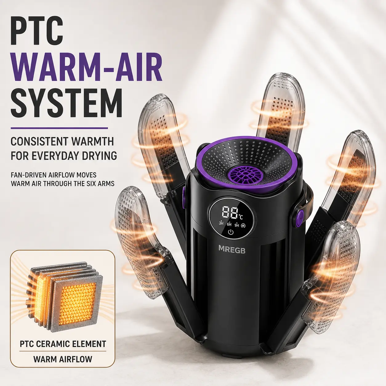 MREGB Portable Compact Household Boot and Glove Electric Shoe Dryer - Foldable, 10-Minute Express Dry, 3H/6H/9H Timer, Constant Temperature, UV Anti-Bacterial Deodorizer, Automatic Drying Mode - Winter Travel Essential
