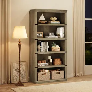 5 Tier Book Shelf, Farmhouse Book Case, 67.4 in Tall Shelf with Storage, Wooden Bookshelves for Living Room, Home Office-Grey