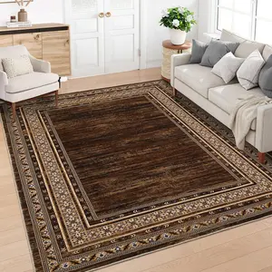 9x12ft Large Washable Thin Area Rug Soft Low Pile Non Shedding Floor Carpet Modern Anti Slip Rug, Distressed Geometric Bordered Rug for Living Room, Bedroom, Office, Brown