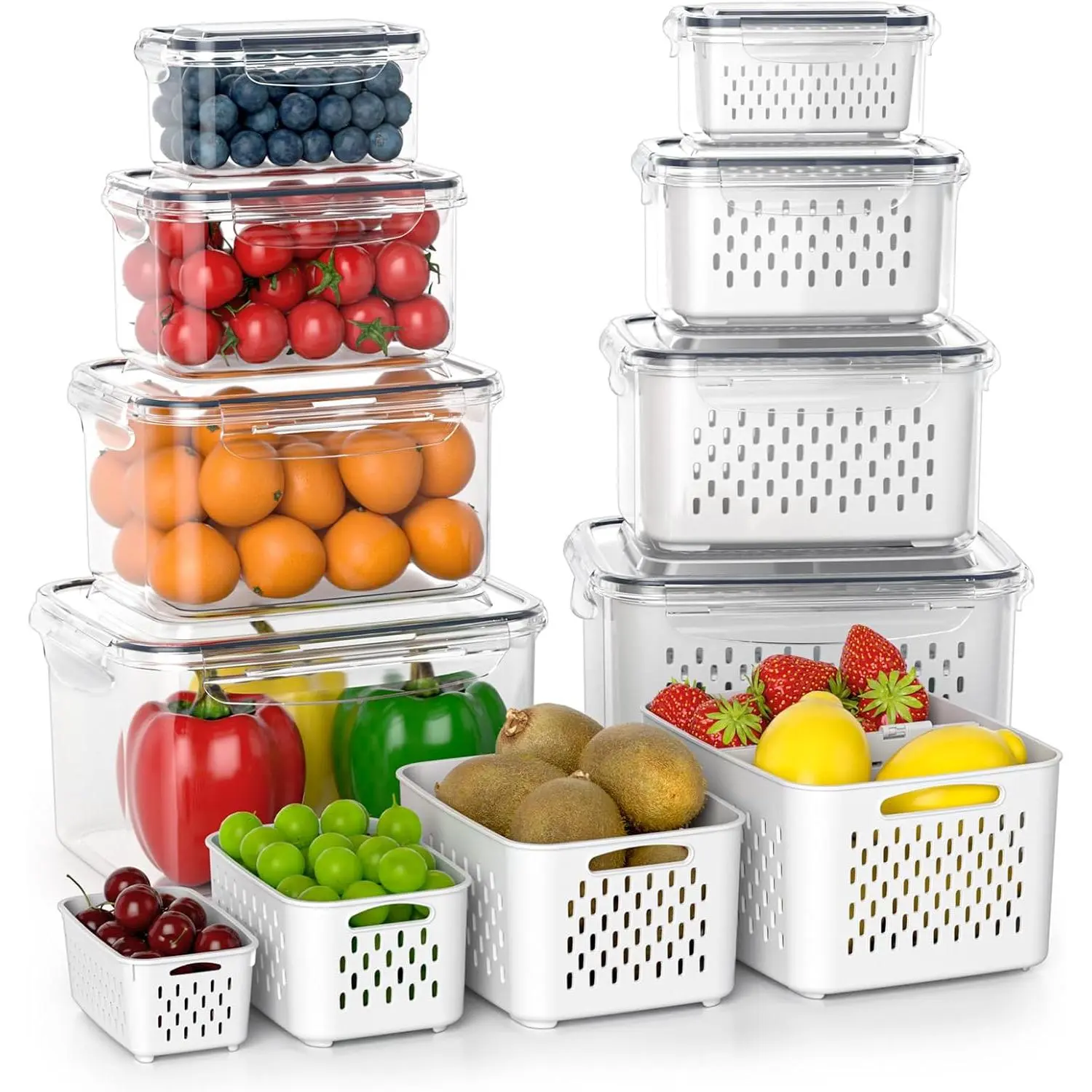 4-Pack Kitchen 4-in-1 Fruit Storage Containers with Removable Colanders, Airtight Lids Set, Leakproof Bins for Fridge Use – Ideal for Salad, Berry, Lettuce, Vegetables, Meat (Storage Jar Alternative)