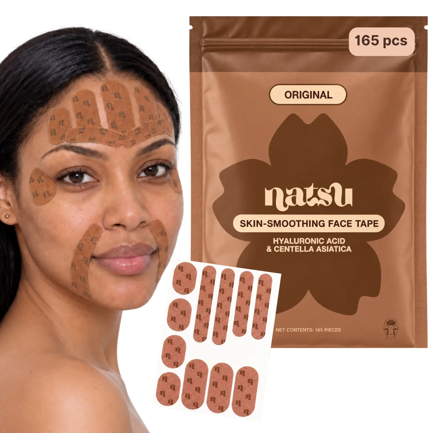 Cotton Face Tape - 165 Pre-Cut - Hyaluronic Acid & Centella Asiatica Cica - Overnight Wrinkle Smoothing for Forehead, Smile Lines, Frown Lines - Hypoallergenic, Latex-Free, Sensitive Skin Friendly Facial Silicone