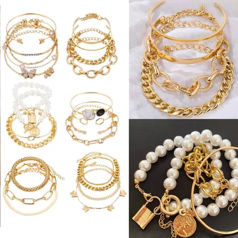 Women's 6-Pack (24 PCS) Elegant Jewelry Bracelets Set - 14K Gold Plated, Lead-Free, Low Allergenic, Multiple Layered, Stackable, Open Cuff Wrap, Adjustable Link, Italian Cuban, Exquisite Trendy, Gold Chunky Bracelets for Anniversary Gifts