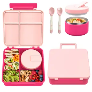 Pawtong Pink Kids Bento Lunch Box Set with 8oz Soup Thermo, Leak-Proof 4-Compartment Containers, Thermo Hot Food Jar, Insulated Tableware Lunch Bag for School