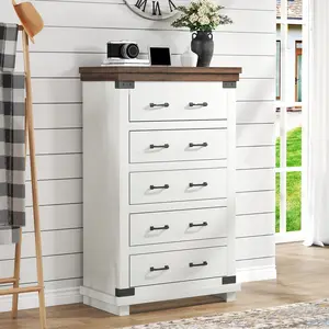 AMERLIFE Farmhouse 5 Drawers Dresser Chests for Bedroom, 48" Tall Wood Rustic Chest of Drawers/w Thick Plank Styling, Heavy Duty Closet Storage Dresser Organizer, Living Room, Hallway
