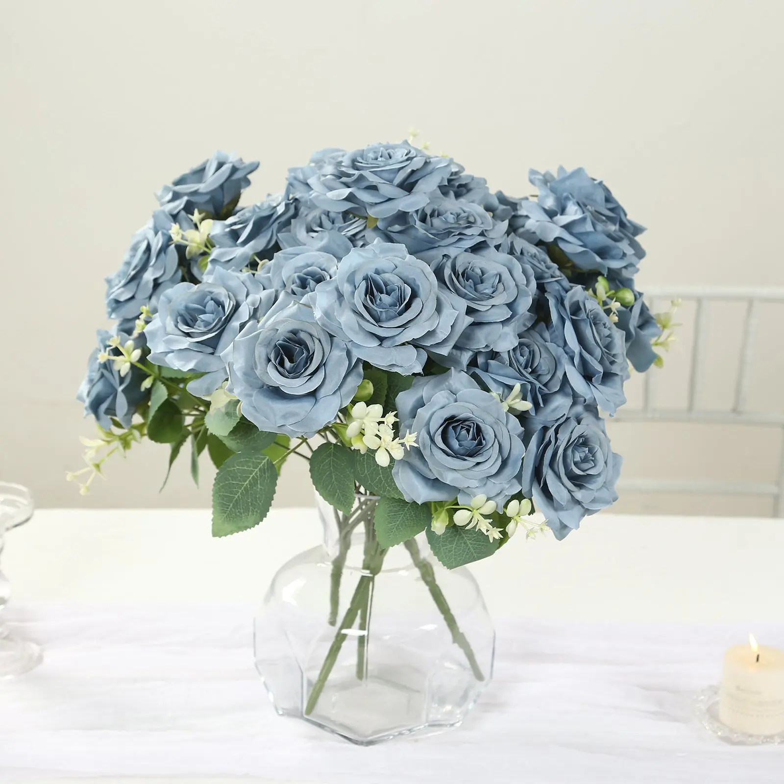 2 Packs Dusty Blue Artificial Silk Eternal Rose Bouquets - 18 in Real Touch Decorative Flowers, Home Decor for Wedding, Banquet Hall, Eternal Rose Bouquet Artificial Flowers