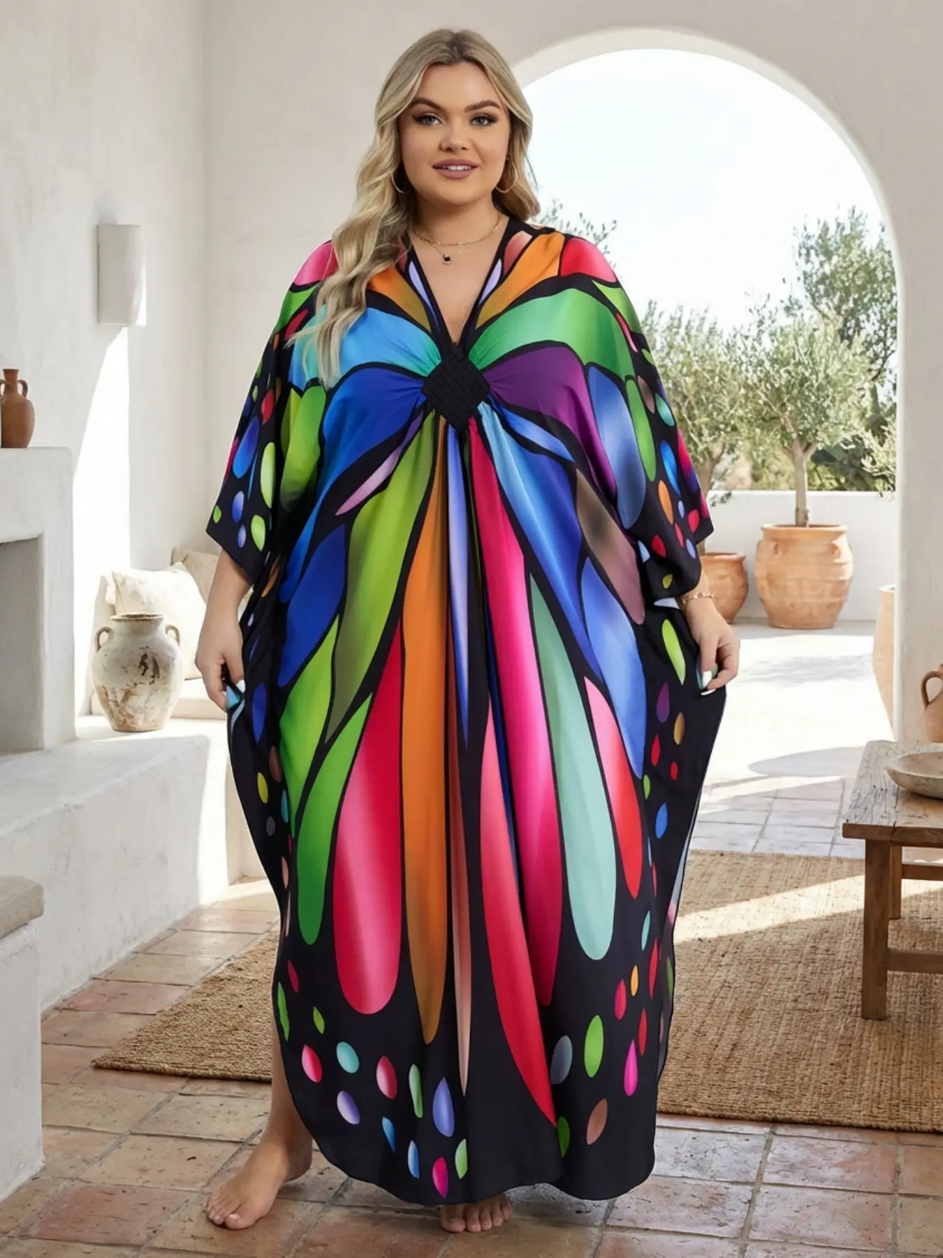 [Plus Size] Butterfly/Feather Print Ruched Split Hem Tunic Dress, Elegant Batwing Sleeve V Neck Long Dress for Summer, Women's Clothes for Beach Holiday Vacation, Boho Casual Dress, Bohemian Beach Dress
