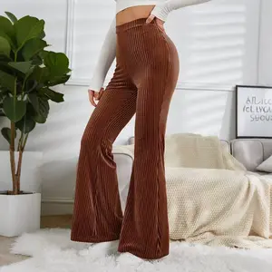 Woman's Velvet Flare Pants High Waist Wide Leg Trousers Stretchy Comfortable Soft Glow Micro Vintage Caramel Color Fall Winter Must Have