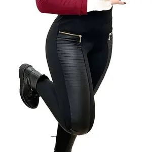 Plus Size Faux Leather Women's Patched Leggings Fashion Front Zipper Casual High Waist Stretch Leggings Women's Plus Size Clothing Bottoms