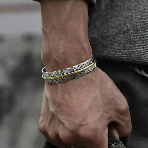 Men's Boho Style Feather Design Bangle Bracelet, Fashion Adjustable Open Bangle, Open Cuff Bracelet for Party, Daily Decor, Trendy All-match Vintage Jewelry As Birthday Gift, Bohemian Bracelets