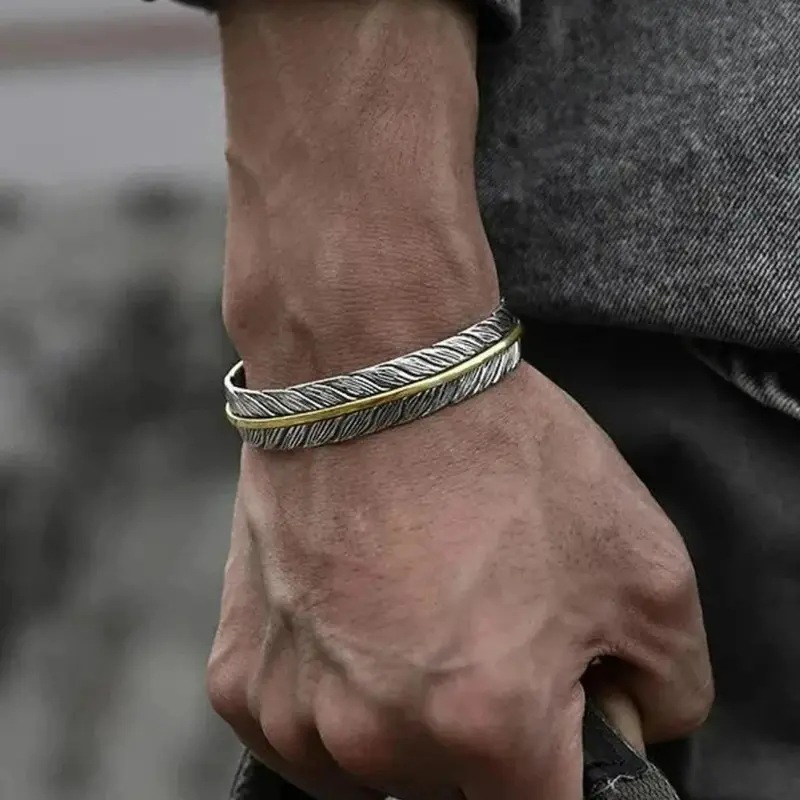 Men's Boho Style Feather Design Bangle Bracelet, Fashion Adjustable Open Bangle, Open Cuff Bracelet for Party, Daily Decor, Trendy All-match Vintage Jewelry As Birthday Gift, Bohemian Bracelets