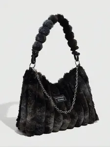 Women's Tie Dye Fluffy Shoulder Bag With Chain Strap, Casual Shoulder Bag, Fashionable Shoulder Bag, Trendy Large Capacity Square Bag For Fall & Winter, Female Underarm Bag For Party, Club