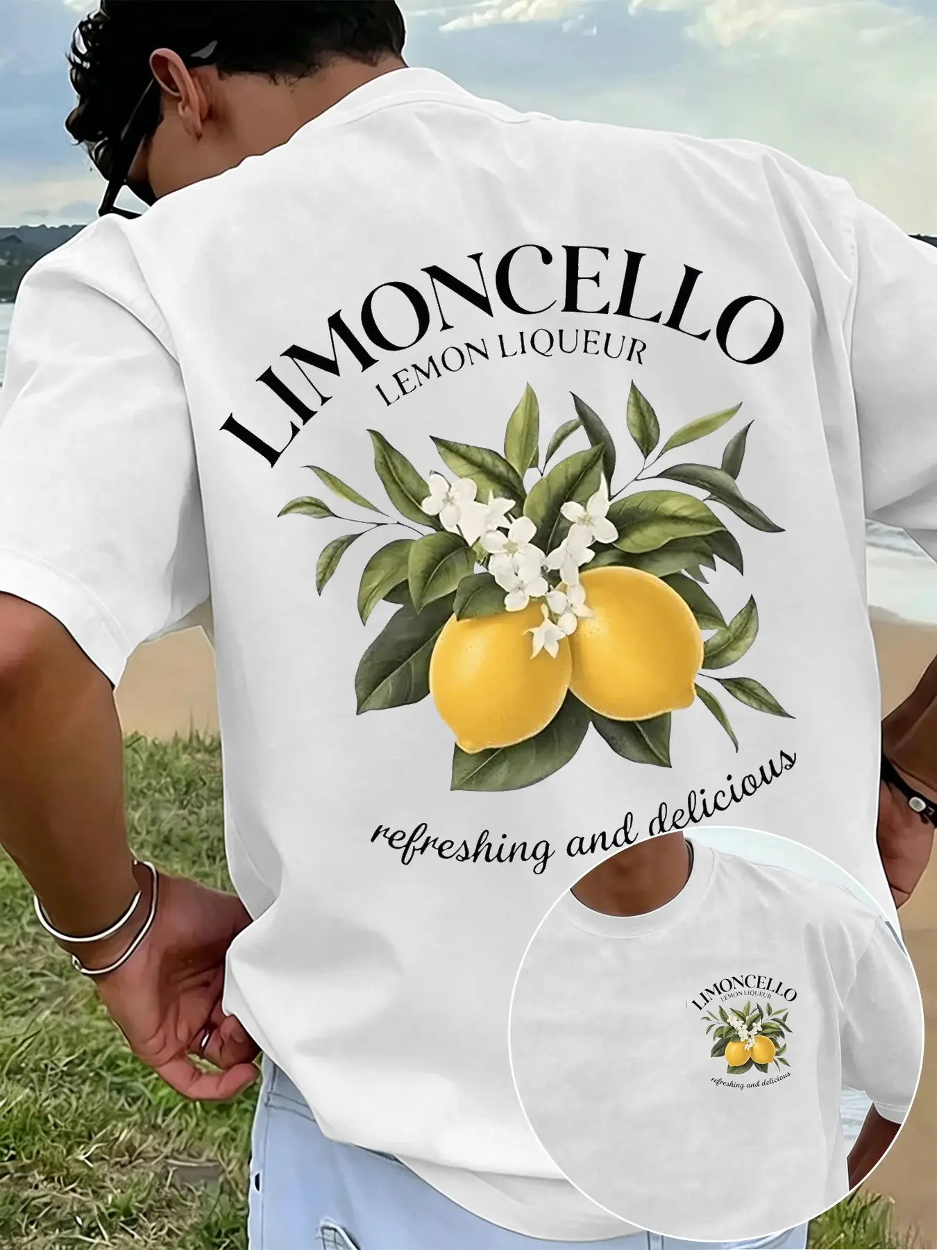 Men's Regular Fit T-Shirt, "Limoncello" Lemon Print, Casual Streetwear Short Sleeve Tee, For Beach & Daily Wear