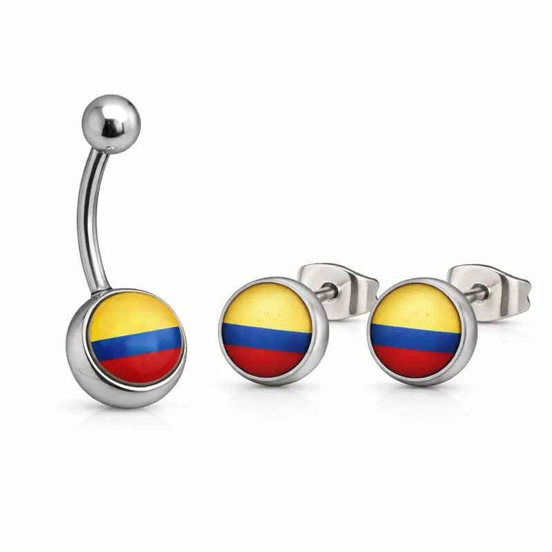 Colombia Flag Combo - Stainless Steel Belly Button Ring & Silver Earrings Set with Flag Design