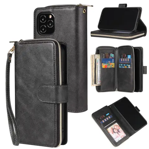 HISTORYOO RFID Blocking Wallet Case For iPhone 17 Pro Max 16 15 Plus 14 Pro Max 13 12 11 Pro For Men 9 Cards Holders Slots Luxury Retro PU Leather Zipper Handbag Purse Flip Kickstand Folio Cover Wristlet Wrist Strap Lanyard, Large capacity, small volume