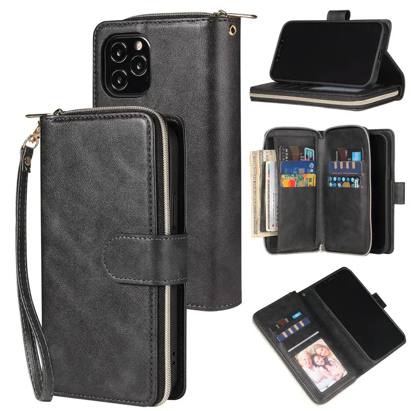 HISTORYOO RFID Blocking Wallet Case For iPhone 17 Pro Max 16 15 Plus 14 Pro Max 13 12 11 Pro For Men 9 Cards Holders Slots Luxury Retro PU Leather Zipper Handbag Purse Flip Kickstand Folio Cover Wristlet Wrist Strap Lanyard, Large capacity, small volume