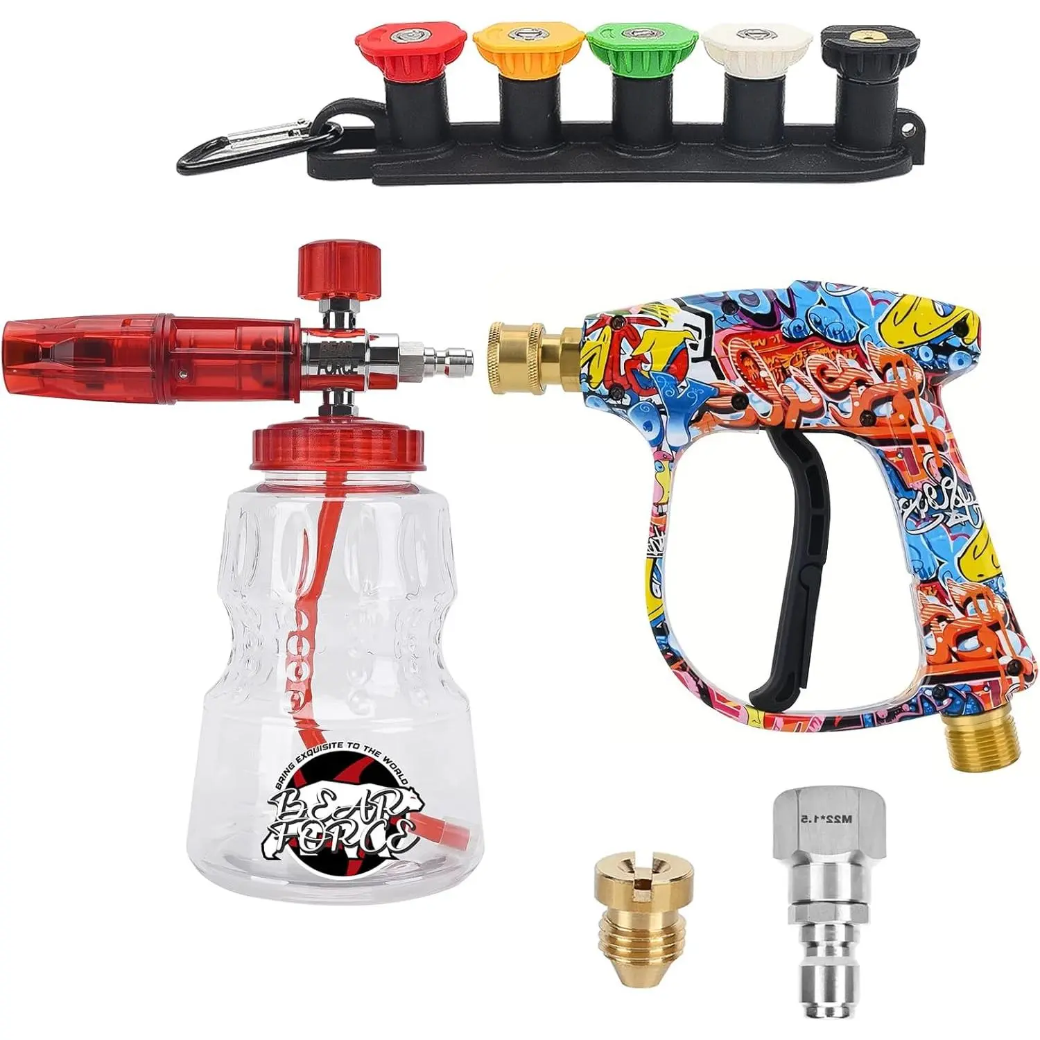 Durable in Use High Pressure Washer Car Wash Kit, Aluminium Cannon Short Gun with M22-14mm Inlet, 3/8'' Quick Connector, 5 #035 Tips, 1.10mm Additional Orifice, Chrome Plated Rod Support & Clip Nozzle Holder