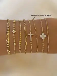 5pcs Elegant Cubic Zirconia Four-Leaf Clover Decor Bracelet Set, Multi-Layer Stackable Faux Pearl Heart Chain Bracelet For Women, Daily Wear, Party Jewelry, Holiday Best Gift (Random Bead Quantity)