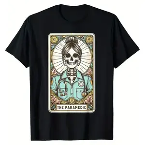 Skeleton Paramedic Tarot Graphic T-Shirt - EMS EMT Nurse Medical Horror Vintage Tee - Heavyweight Cotton Shirt for Emergency Responders - Gifts for Paramedics, EMTs, Nurses Breathable graphic Cotton Crew Neck Tee, Casual Moisture-Wicking T-Shirt