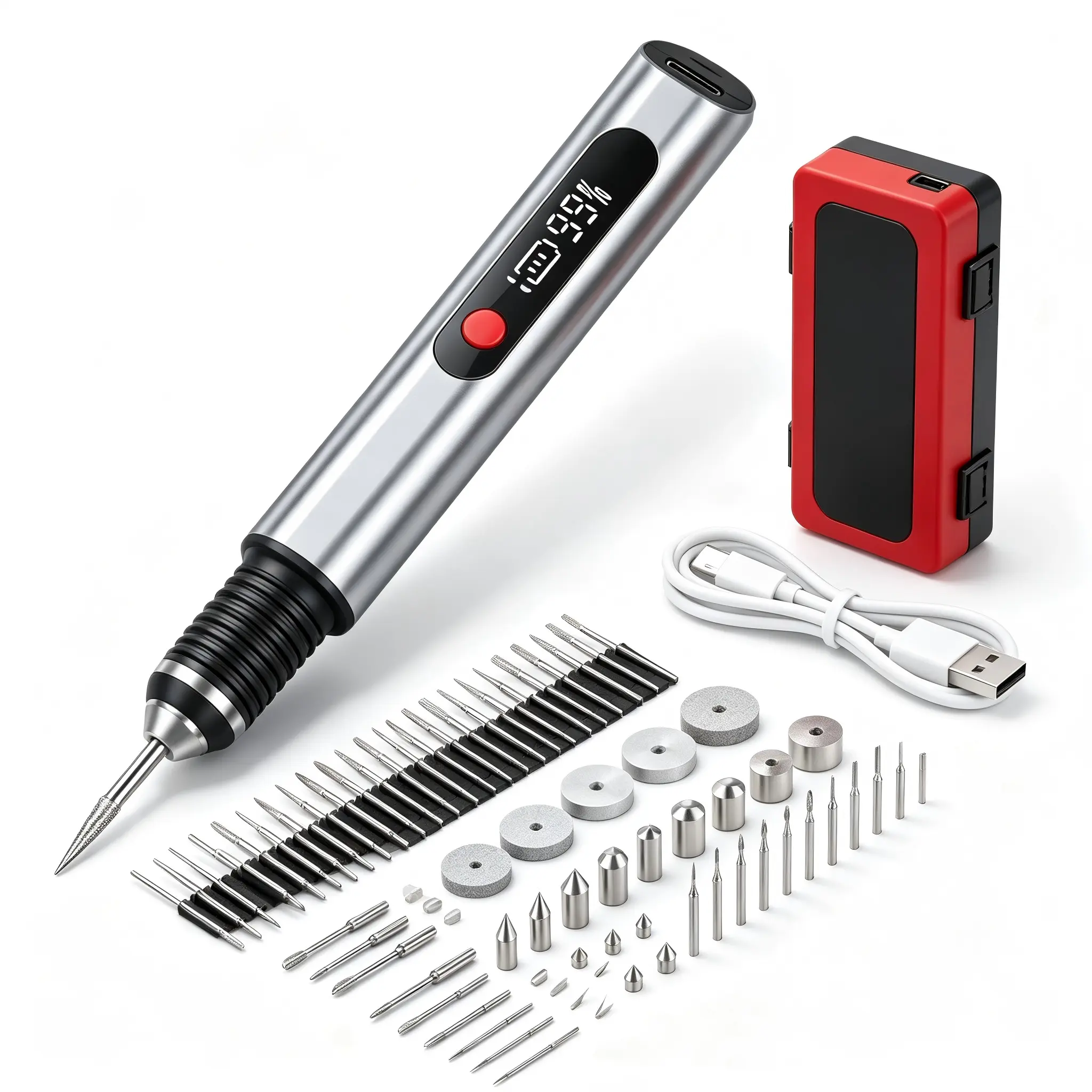 USB Rechargeable Electric Engraving Pen with LED Power Display, Portable Mini Cordless Grinding Drill Kit with 30 Bits for Metal Wood Glass Jewelry Carving Polishing
