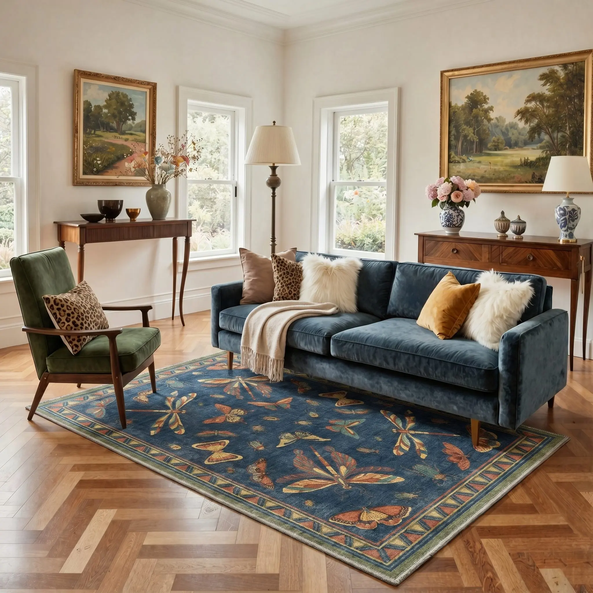 【Deals For You Days】BEIMO Soft Area Rug Machine Washable Pet Friendly Non Slip Floor Carpet for Living Room Bedroom Hallway Kitchen Decor Bedroom Decor,ARN5050-INDIGO BLOOM