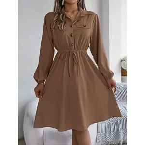 Women's Plain Button Front Drawstring Knot Front Shirt Dress, Elegant Pocket Bishop Sleeve Collared A Line Dress for Spring & Fall, Ladies Clothes for Daily Wear
