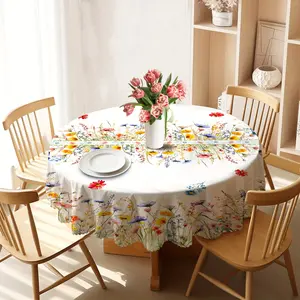 1pc, Wildflower Peach Skin Circular Tablecloth,  Wildflower Themed Party Table Decoration, Wedding Shower Anniversary Celebration Decor, Birthday Party Decoration, Baby Shower Party Supplies