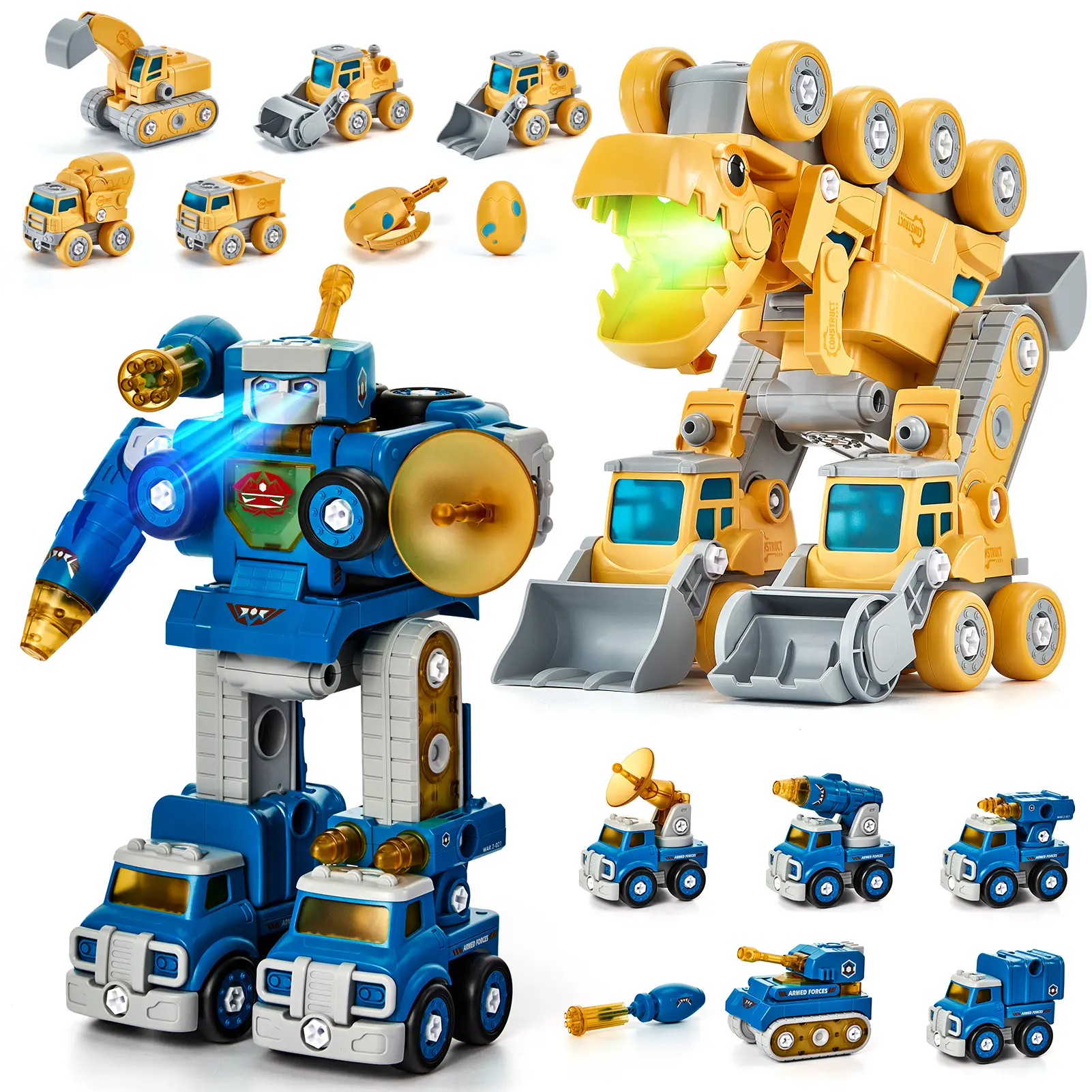 hahaland 5-in-1 Take Apart Transform Toy - Construction Trucks to Dinosaur Robot, STEM Assembly Blocks Set, Model Building Kits, Miniature Set Construction Vehicles, Montessori Educational Drill Screw Kit for Boys Ages 5-8