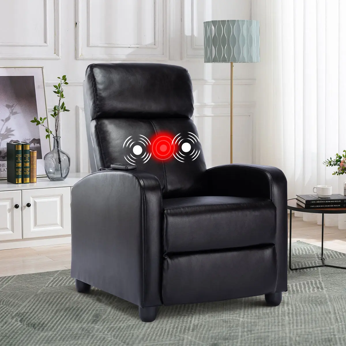 [DealsForYouDays] EBELLO PU Leather Massage Recliner Chair Winback Recliner Chairs, Modern Padded Seat Reclining Chair Single Sofa for Living Room, Adjustable Home Theater Seating Office Black