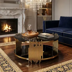 Modern Black Gold Glass Coffee Table,Luxury Living Room Tables with Double Layer Tempered Glass Top,Round Cofe table with Golden Stainless Steel Base,Sofa Table Glass Circle Top,Easy to Clean and Assemble,Elegant Table for Living Room/Home/Office outdoor