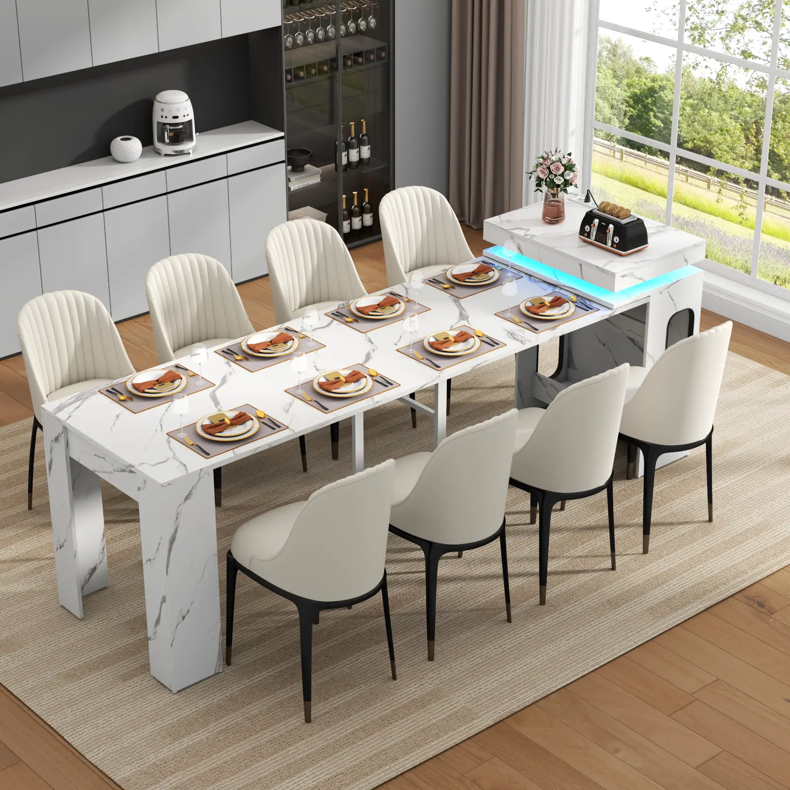 Gyfimoie Extendable Dining Table with Charging Station & LED Lights, 19.7" to 98.4" White Faux Marble Dining Table, Rectangle Console Table for 2-8 Wooden Tabletop