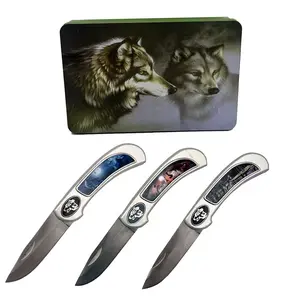 KN 692-W3 3PCS Wolf Knife Tin Box Gift Set