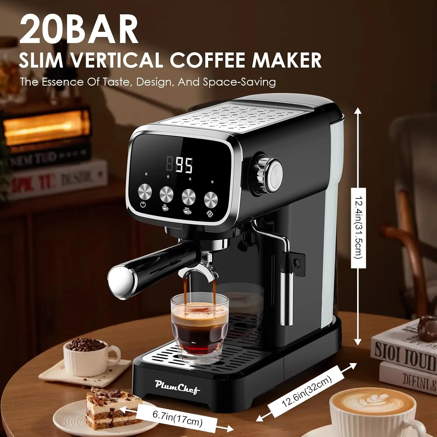 PlumChef 20BAR Slim Vertical Espresso Coffee Machine with Milk Frother, Built-in Cup Warmer,43 OZ Detachable Tank, for Rich Espresso, Americano, Latte,Compact Space-Saving Design, Screen Button,Black