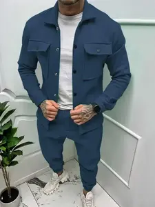 Men's Suede Jacket Pants Set, Fall Winter Windproof Warm Lapel Coat + Slim Fit Long Pants, Business Casual Elastic Two-Piece Suit