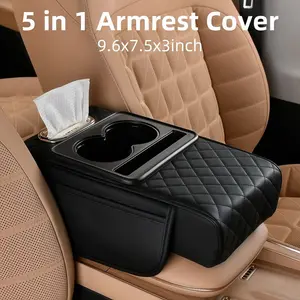5 in 1 3" Thickening Car Armrest Cushion with Cup Holder Phone Mount Storage Bags Tissue Box Slot, Memory Cotton Leather Center Console Cover, Multifunctional Universal For BMW Chevrolet Ford Honda Jeep Nissan Toyota Mercedes-Benz Hyundai VW