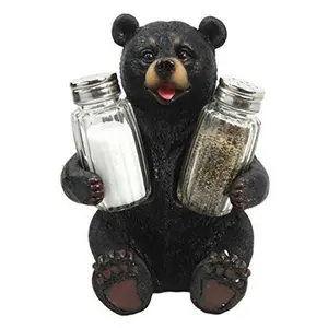 Ebros Cuddling Black Teddy Bear Salt and Pepper Shakers Holder Figurine 7" Tall with Glass Shakers