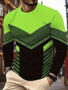 Men's Casual Stylish Long-Sleeve T-Shirt, 3D Geometric Striped Print, Crew Neck Top, Fitted, Comfortable and Versatile, Streetwear