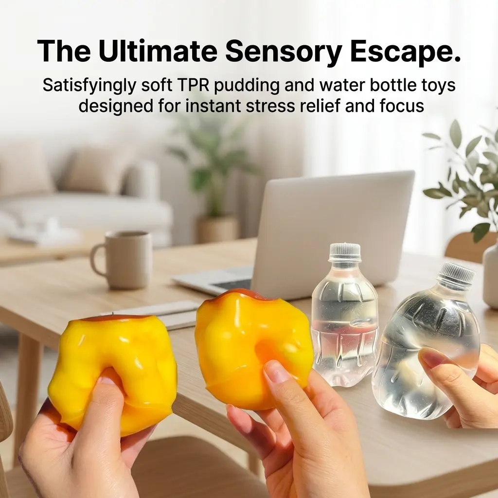 Squishy Stress Relief Toys, Realistic Caramel Pudding and Clear Water Bottle Fidget Toy, Soft TPR Squeeze Sensory Toy for Anxiety Relief, Cute Fake Food Desk Toys for Kids and Adults, Fun Handheld Squeeze Party Favors  []：，，TPR，