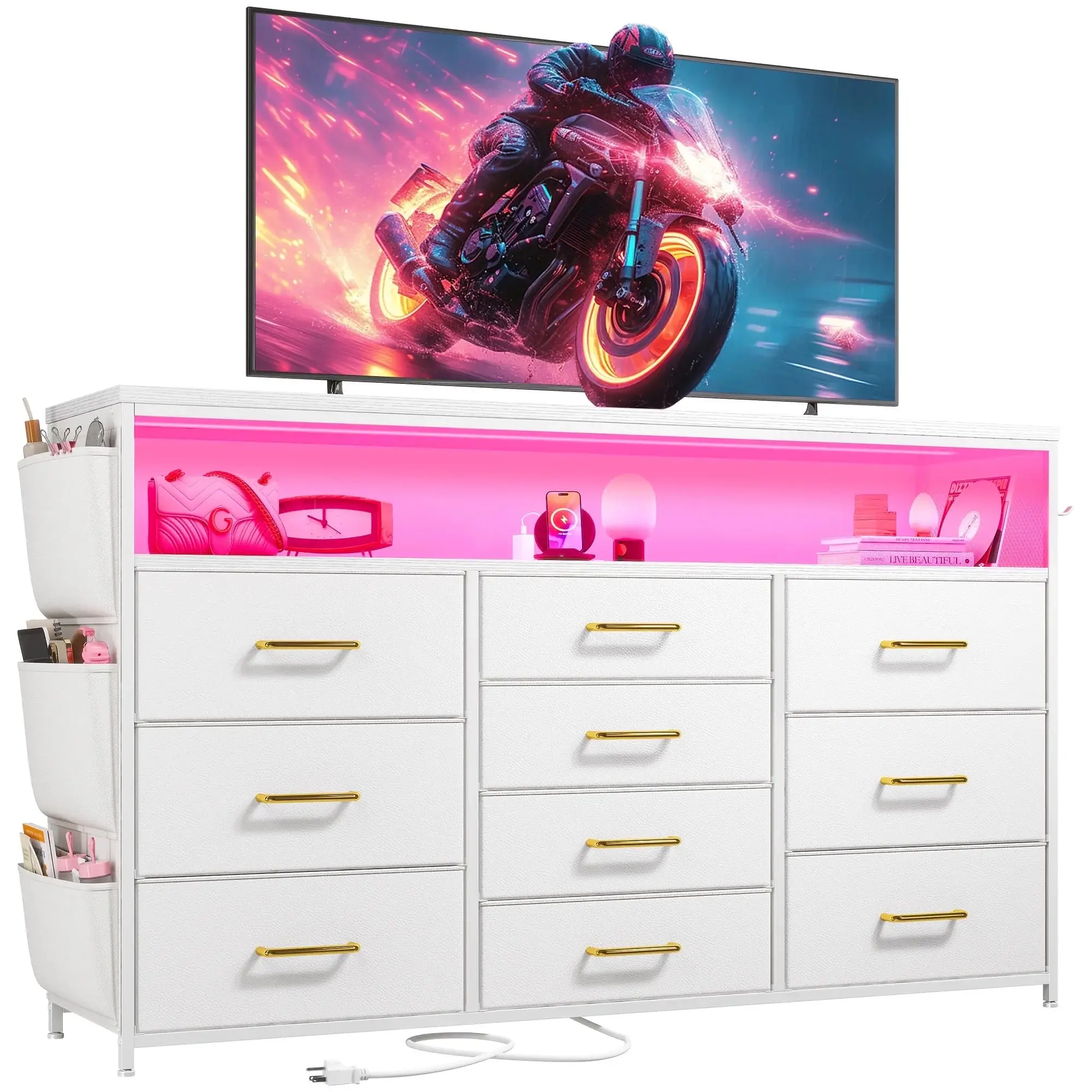 Raybee Furniture Dresser TV Stand with 10 Drawers, LED Lights & AC Outlets for Bedroom with Shelves & Side Pockets Sturdy Metal Frame & Wood Top