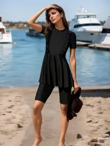Modest Black Ruffle Swim Dress with Shorts, 2 Piece Tummy Control Bathing Suit for Women