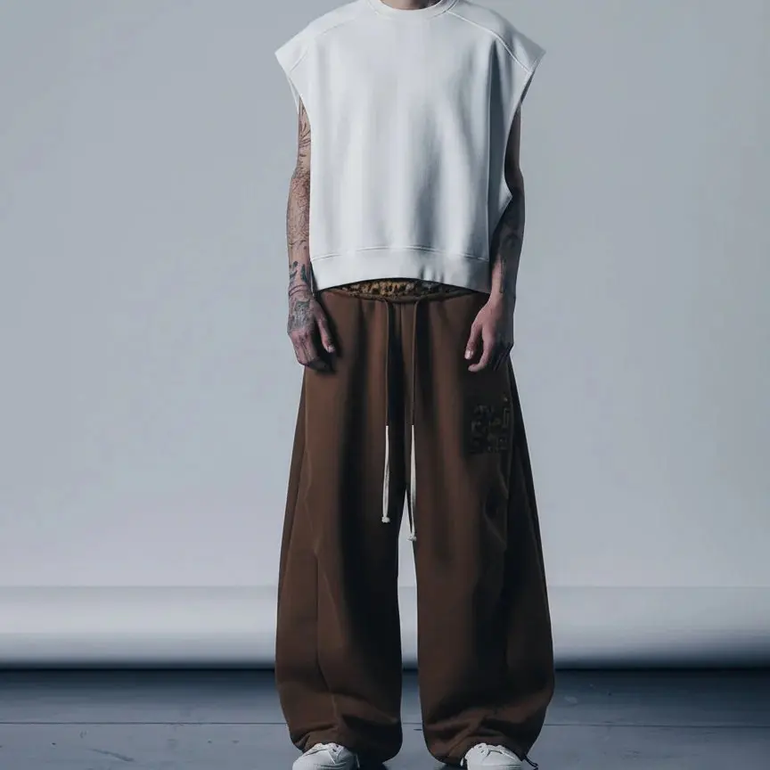 Supermade Men's Retro Wide Leg Pants with Leopard Print Trim, Casual Streetwear with a Drawstring Waist and Pockets, Stylish