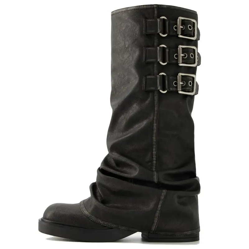 Women's high-heeled boots, round toe design, riding boots, thick-soled low-heeled platform boots, hook-and-loop fastening design, Gothic style