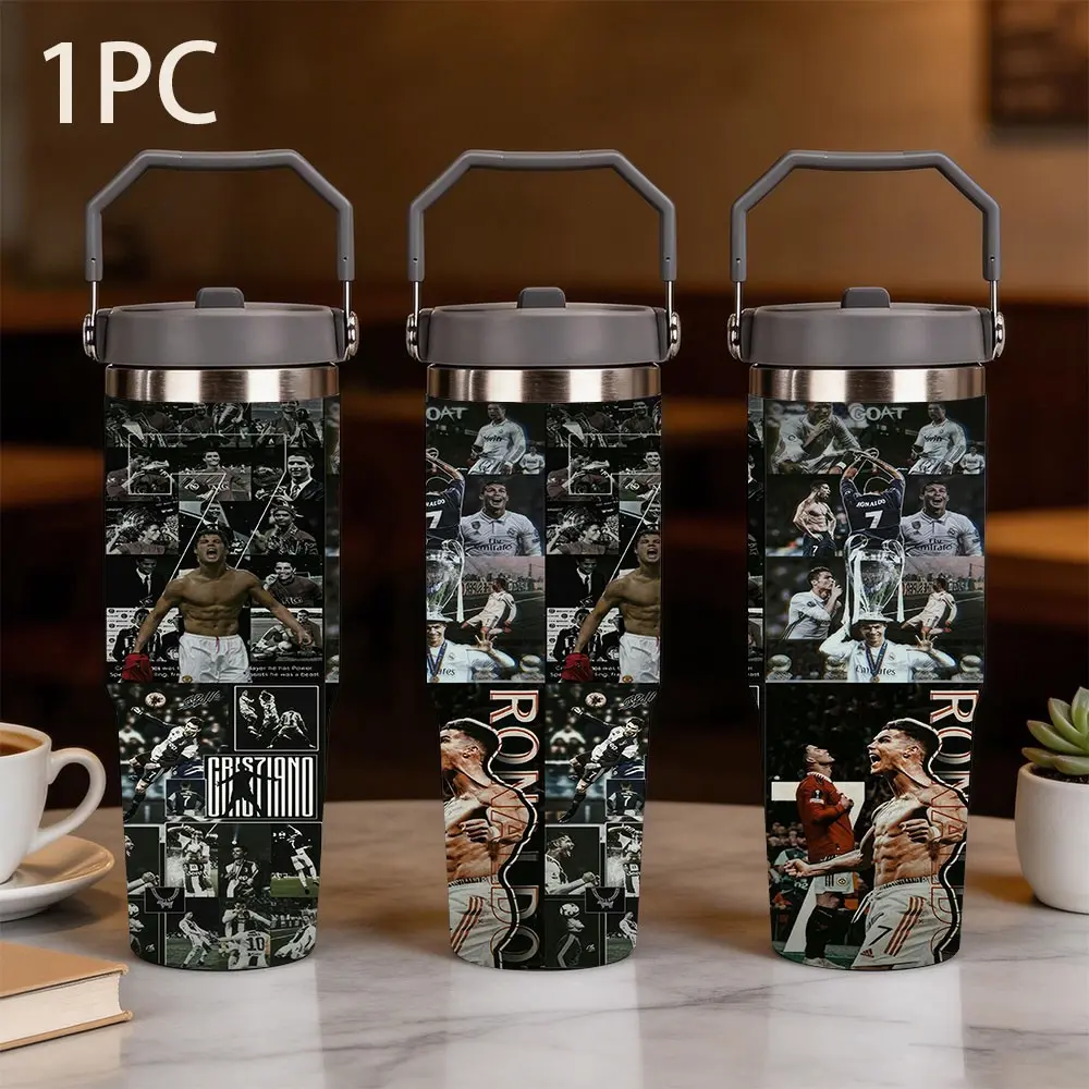 1pc 30oz large capacity Stainless Steel Thermal portable cup, Insulated water cup, with a collage of classic moments in CRISTIANO RONALDO's career, RONALDO, CRISTIANO words and GOAT inserted between them, suitable for Ronaldo fans to collect