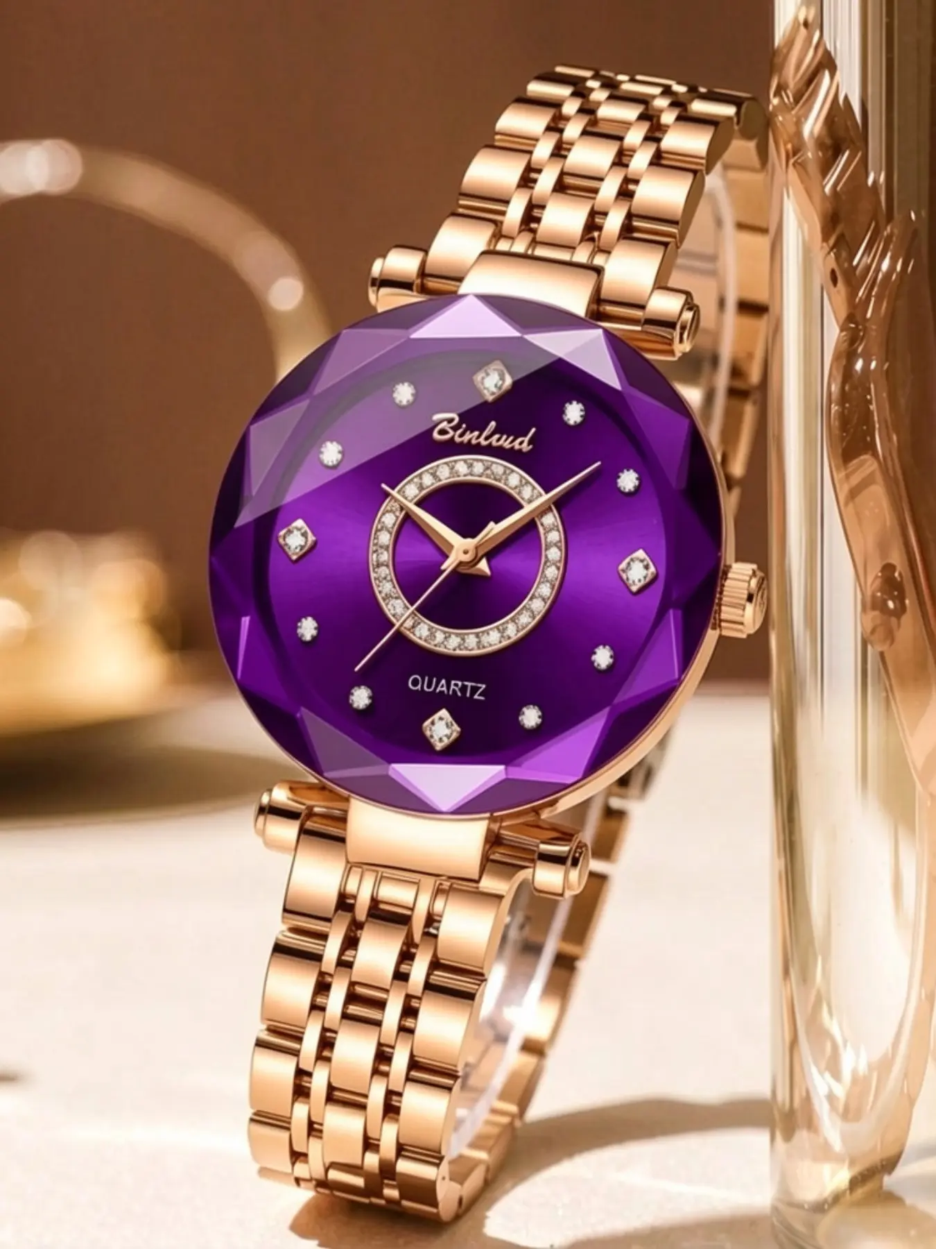 Women's High-End Dial Watch with Diamond-Studded Steel Band, Rose Gold Chain, Quartz Movement, Perfect Gift for Girlfriend/bestie