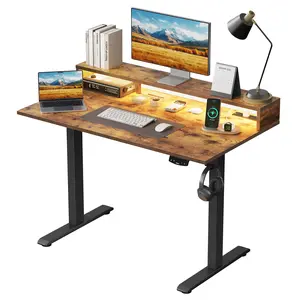 Agilestic 47.2 inch Electric Standing Desk with Power Outlet and LED Light Strip, Height Adjustable Sit-Stand Desk with Storage Shelf & Hooks, Home Office Computer Desk with Memory Buttons